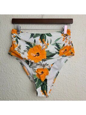 Cupshe Orange Floral Shirring High Waisted Bikini Bottoms Women's Size Large NWT